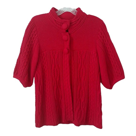 Style & Co Cable Knit Red Sweater Womens Medium Short Sleeve 1/4 Three Button - Picture 1 of 11